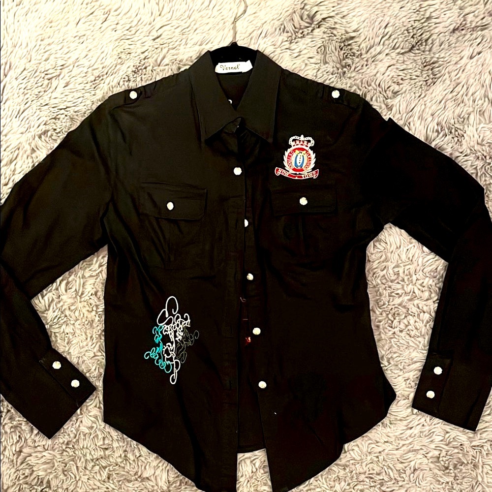 Black Long Sleeve Button Down Shirt with Notched Collar